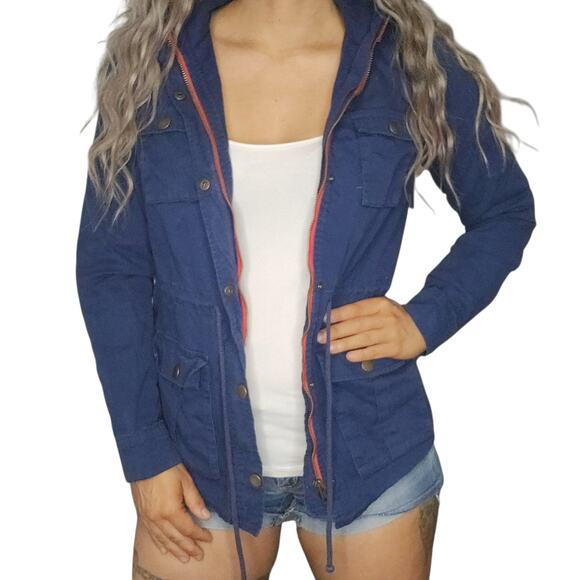 Navy Blue Cargo Jacket Womens Medium Gold Red Hooded Full Zip Utility Chore - Picture 3 of 16